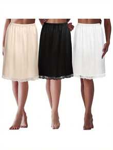 Womens Half Slips Underskirt Elastic High Waist Solid Color Satin Long Underskirt Lace Hem Skirt Extender - 杏色 - 查看 2