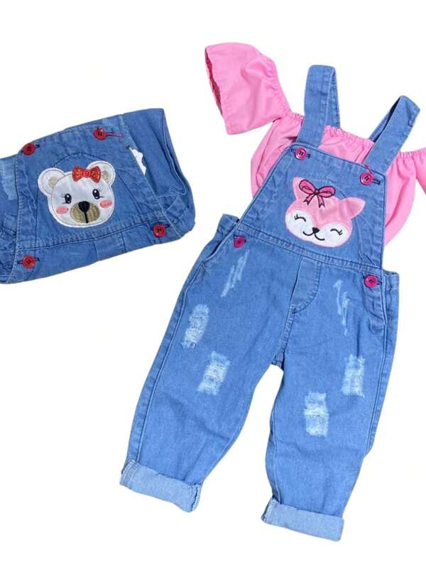 Jardineira calça longa Jeans Macacão Infantil Menina