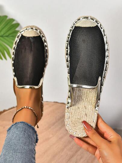 女士时尚平底编织草编鞋春夏新款渔夫鞋黑色平底一脚蹬草编鞋