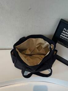 女士灯芯绒手提包，带多个口袋，适合高中生和大学生的时尚背包 - 黑色 - 查看 4