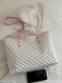 新款复古印花女士手提包，大容量超轻铆钉装饰，适合通勤、购物、办公室、大学 - 粉色 - 查看 9