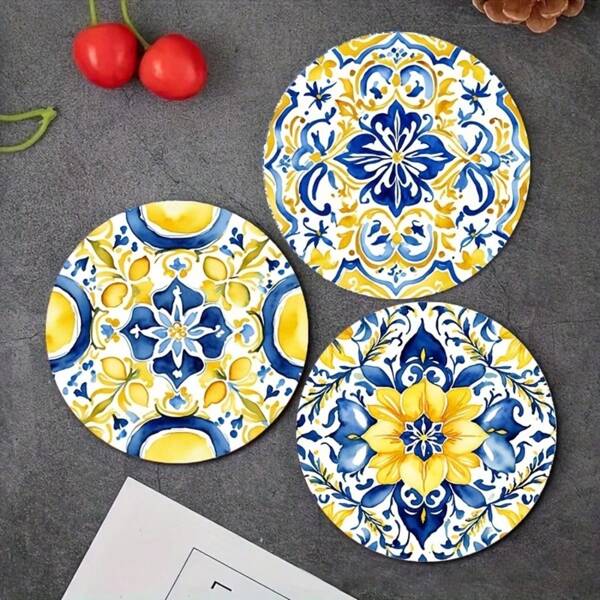 8pcs Mediterranean Watercolor Lemon Wooden Cup Coaster Set, Car Coasters, Tea Coasters, Coffee & Beverage Coasters, Suitable For Housewarming Gifts, Gifts For Parents And Friends