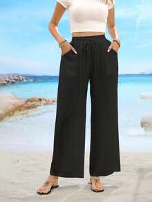 Women's Linen Palazzo Pants - Summer Boho Wide Leg High Waist Casual Lounge Bottoms 2025 Beach Travel Vacation Outfits - 黑色 - 查看 5