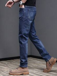 Men's Cat Scratch Stretch Slim Fit Bias Pocket Straight Leg Jeans, Relaxed Long Fit, Horseback Wash, Vintage Blue, Perfect For Going Out With Friends Y2K Style - 水鴨藍 - 查看 6