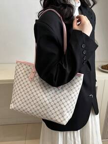 新款复古印花女士手提包，大容量超轻铆钉装饰，适合通勤、购物、办公室、大学 - 粉色 - 查看 4