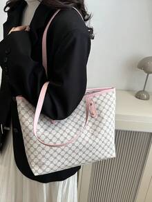 新款复古印花女士手提包，大容量超轻铆钉装饰，适合通勤、购物、办公室、大学 - 粉色 - 查看 3