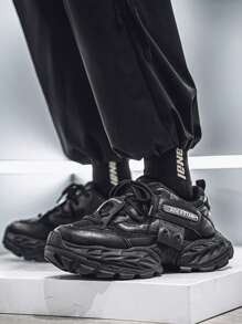 Men's Chunky Sneakers, Multi-Color Leather & Mesh Patchwork Thick Sole, Anti-Slip Casual Shoes For Outdoor, Street Style, Travel, Short Stature, Campus, Daily Wear, 2025 Fashion Versatile High-End Pure Black Shoes