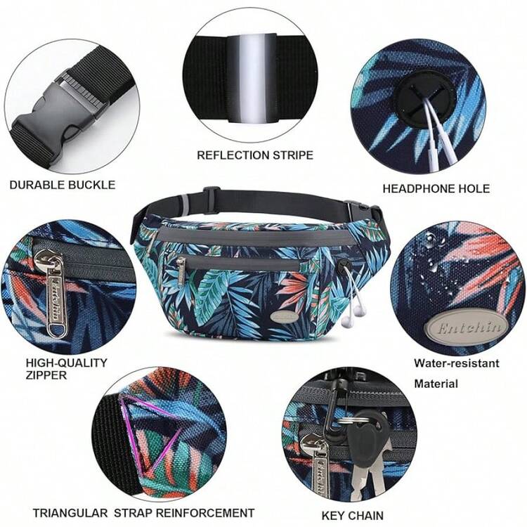 Entchin Fanny Pack Women Men,Crossbody Belt Bag With 4-Zipper Pockets,Adjustable Waist Bag Pack,One Of Most Popular Travel Essential Gifts Walking,Traveling,Cycling - 花卉海軍藍 - 查看 6