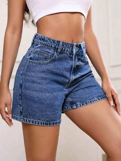 Women's High Waisted Versatile Denim Shorts, Vintage Wash, Loose Fit, Knee-Length Casual Retro Style, Summer Fashion