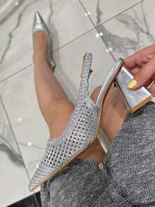 Women's Solid Color Pointed Toe Hollow Out High Heel Shoes, Suitable For Commuting - Silver - View 2