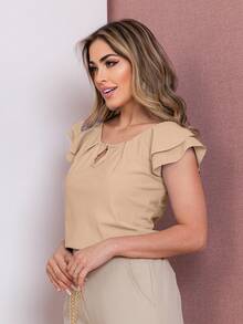 MARILYN MONNA Blusa Feminina Babado com botao manga curta Regata moda verão camiseta - Caqui - Visão 4