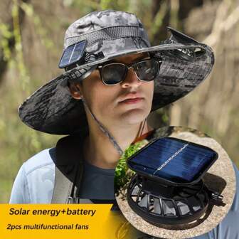 1pc Party Men Bucket Hat, Nylon Summer Unisex Women Fishing Cap With Rechargeable USB Solar Powered Fan, 9 Hours Runtime, 800mAh Battery