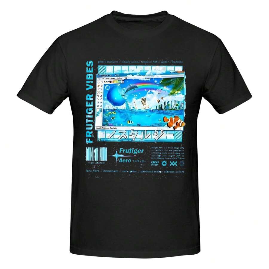 Frutiger Aero Fashion Collection - Frutiger Vibes T-Shirt  Wo Leisure Drop Pure Cotton Loose Couple TeePlus Y2K Wo's 220g Thick Cotton T-Shirt With Butterfly Print Pattern, Suitable For Girls And Wo's Short Sved Round Neck Inspirational Shirt, Cute Aesthetic Y2K Style Summer Top, Suitable For Outdoor, Family, Work Or Street Wear Casual Loose Daily T-Shirt - 黑色 - 查看 1