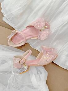 Sandalias de tacón alto rosa para niña con decoración de mariposa brillante, zapatos de vestir de princesa - Rosa - Ver 5