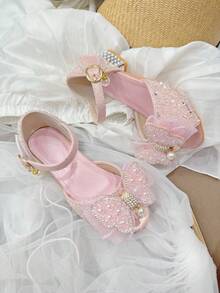 Sandalias de tacón alto rosa para niña con decoración de mariposa brillante, zapatos de vestir de princesa - Rosa - Ver 2