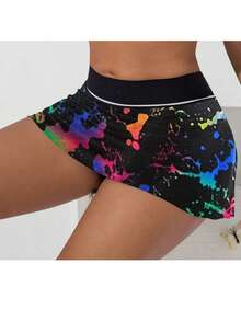 Tie Dye Contrast Hemmed Accessible Sports Culottes - Black - View 3