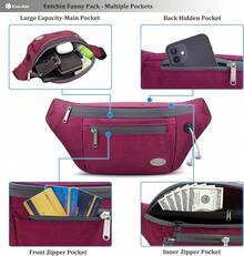 Entchin Fanny Pack Women Men,Crossbody Belt Bag With 4-Zipper Pockets,Adjustable Waist Bag Pack,One Of Most Popular Travel Essential Gifts Walking,Traveling,Cycling - 酒紅色 - 查看 5