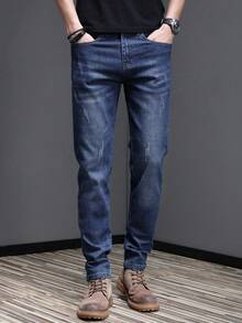 Men's Cat Scratch Stretch Slim Fit Bias Pocket Straight Leg Jeans, Relaxed Long Fit, Horseback Wash, Vintage Blue, Perfect For Going Out With Friends Y2K Style - 水鴨藍 - 查看 4
