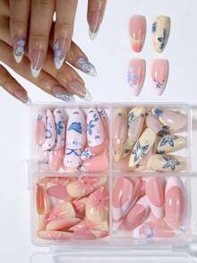 96片（4种混合款式）杏仁形3D凝胶美甲贴纸，包含花卉、鸟类和蝴蝶图案，法式亚克力按压式美甲贴片，持久贴合，内含1瓶果冻凝胶和1把指甲锉，易于佩戴，适合夏季美甲和法式美甲，适合女性和女孩日常佩戴和派对场合。 - 彩色 - 查看 2