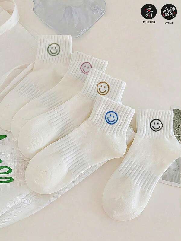 10pcs Women Simple Smile Face White Short Socks, Comfortable Sports Socks Suitable For All Seasons, Breathable, Odor Resistant, Elastic & Soft, Solid Color, Casual Wear, Yoga, Daily & Holiday Wear. 2pcs