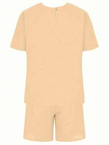 Women Casual Solid Color Crew Neck T-Shirt And Elastic Waist Linen Shorts Set, Summer - Apricot - View 2