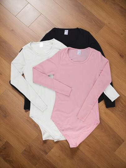 Set 3 piezas body mono dama mujer sexy cómodo casual cuello redondo manga larga bajo ajustado cierre broches presión  gym ejercicio diario calle calor primavera verano día noche vacaciones jardín clase trabajo fiesta