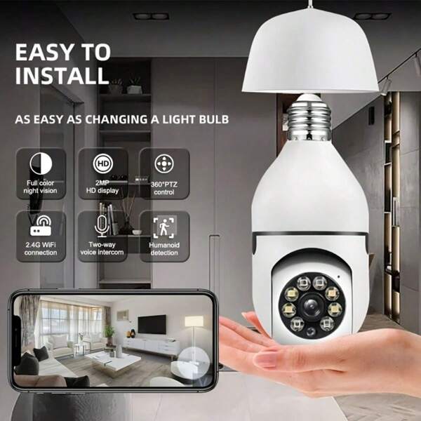 1pc 1080P HD 2.4G WiFi E27 Socket ABS Bulb Camera, 350° Full-Angle Rotation, 200W Full-Color Ultra-Clear Video, APP Remote Control Rotation, Automatic Person Tracking Indoor/Outdoor Night Vision, Motion Detection, 2-Way Audio, Sound & Light Alarm, Digital Zoom PTZ, For Smart Home Security Camera