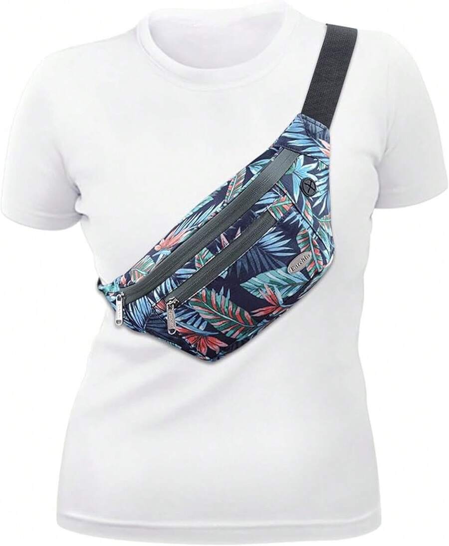 Entchin Fanny Pack Women Men,Crossbody Belt Bag With 4-Zipper Pockets,Adjustable Waist Bag Pack,One Of Most Popular Travel Essential Gifts Walking,Traveling,Cycling - 花卉海軍藍 - 查看 1