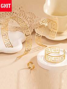 GNIT 4件套首饰，包含金色时尚镂空项圈、金色时尚镂空臂环、金色时尚镂空手链和金色时尚镂空戒指，适合女性日常佩戴。是一款高端珠宝，欧美风格朋克酷炫风格几何不对称女士头饰 - 黑色 - 查看 5