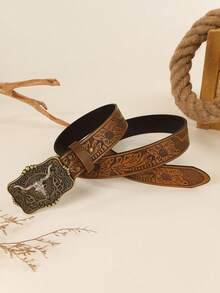 1pc Unisex Retro Western Cowboy Animal Buckle Embossed PU Leather Belt, Fashionable All-Match Suitable For Jeans, Skirts And Year-Round Wear - Silver - View 11