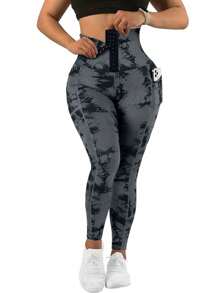 1pc Women High Waist Tie-Dye Random Print Pocket Buttoned Sports Yoga Pants, Outdoor Cycling Running Tennis Leggings, Tummy Control Shapewear