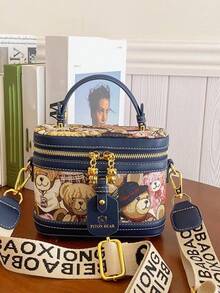 Fashionable PU Leather Handbag, Cute Cartoon Bear Print Bucket Bag, With Adjustable Strap, Casual  Versatile High-Quality Daily Commuting Bag, Unique Bags, Shoulder Bags - 藍色 - 查看 2