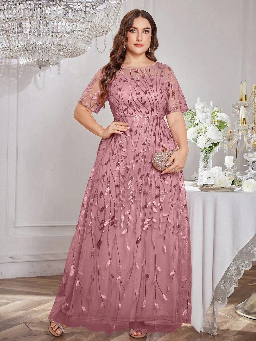 UNITHORSE Vestido Acampanado de Talla Grande con Cuello Redondo, Lentejuelas, Bordado y Patchwork - Rojo violeta - Ver 1