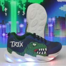 Tenis de luces para niño y niña, unisex, zapatillas de focos color azul con verde, gris con verde, antiderrapante, prende al golpear el suelo, material tela, diseño de dinosaurio moderno - Azul Marino - Ver 8