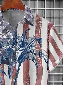 4th Of July US Flag & Palm Tree Print Men Short Sleeve Hawaiian Shirt - Multicolor - View 6