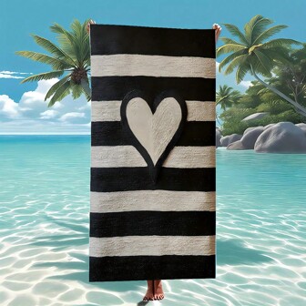 1pc Extra Large Beach Towel - Black & White Striped Heart Print Design, Soft Absorbent Microfiber, Quick Dry & Lightweight, Suitable For Beach, Pool, Travel - Unisex Modern Beach Towel & Blanket, Pool Side Accessory
