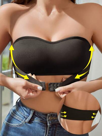 Women's Strapless Button Front Bra NudeFit Removable Pad Bandeau Beige Seamless Bra Backless Casual Comfortable Bralette Wireless Intimates Tube Top Push Up Underwear