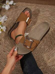 New Fashion White Slip-On Flat Mule Slides For Women,Spring Summer Outfits - Brown - View 3