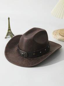 1pc Unisex Cattle Head & Belt Decor Boho Jazz Cowgirl Hat Ridge Wide Brim Handmade Soft Felt Hat Panama Hat Western Suitable Cowboy Hat Fedora Hat For Party - Cà phê nâu - Xem 2