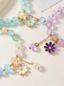 Set de 5 pulseras de aleación de zinc con cuentas de vidrio agrietado, cuentas de vidrio de colores decoradas con pequeños colgantes de margaritas, diseño elegante, gran regalo para mejores amigas, accesorios para volver al colegio