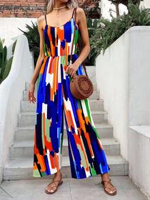 Elegante Mono De Mujer De Tirantes De Piernas Anchas, Monos De Tela Estampado Degradado De Verano Para Vacaciones y Uso Diario - Azul - Ver 1