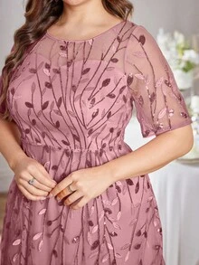 UNITHORSE Vestido Acampanado de Talla Grande con Cuello Redondo, Lentejuelas, Bordado y Patchwork - Rojo violeta - Ver 5