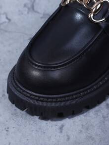 Botas de tobillo con suela gruesa y decoración de cadena, estilo colegial para mujer. Forro cálido, unicolor, adecuado para el hogar, la oficina, fiestas, bodas, otoño/invierno, botas de piel - Negro - Ver 8