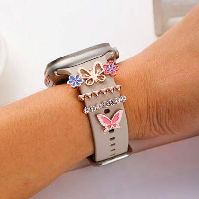 4 件套优雅花朵和蝴蝶表带装饰扣 - 锌合金材质，花卉和蝴蝶设计，时尚表带配件兼容 Apple 硅胶表带智能手表装饰