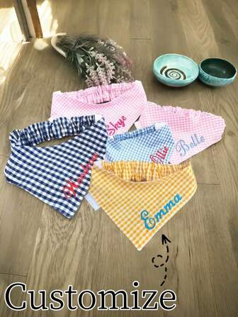 Personalized Plaid Dog And Cat Headscarves With Elasticity - Customizable Pet Scarves, Stylish And Comfortable - Perfect As Dog Gifts. Features Include Plaid Headscarves, Dog Themes, Retro, Casual, Unisex, Old Money Style, Fashionable, Cute, Customizable, Personalized, Unique. Ideal Customized Gifts For Him Or Her, Suitable For Pets And Summer Use.