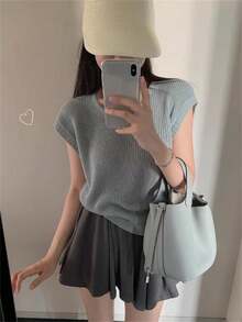 针织吊带短袖T恤女夏季新款小众镂空无袖冰丝短款上衣 - 淺灰色 - 查看 6