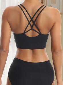 1件无缝高弹交叉运动文胸，适合瑜伽、跑步、健身，优雅纯色瑜伽配饰，时尚运动服，耐穿运动服，女士内衣 - 黑色 - 查看 5