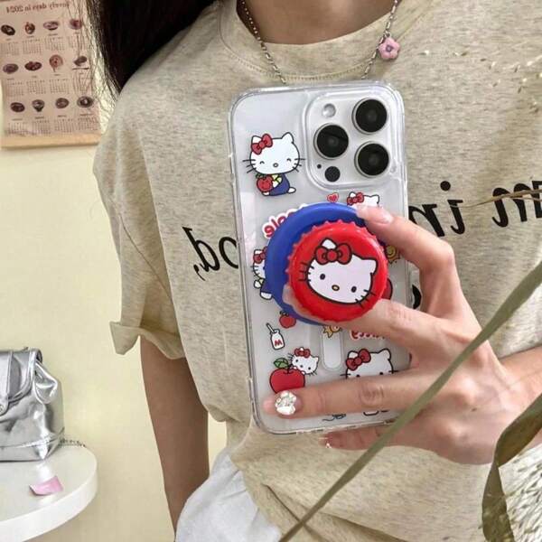 Sanrio Funda de carga inalámbrica con soporte magnético de Hello Kitty, diseño de dibujos animados, compatible con iPhone 16, 15, 14, 13, 12, 11 Pro Max 15Pro, funda de teléfono de dibujos animados, protección total transparente, adecuada como regalo para niñas