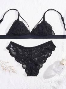 1 Set Lencería Romántica Francesa con Sujetador de Triángulo sin Relleno/sin Forro con Soporte Ligero y Braguitas, con Tirantes Ajustables, Suave y Transpirable, Encaje Sexy, Color Negro, Para Mujer