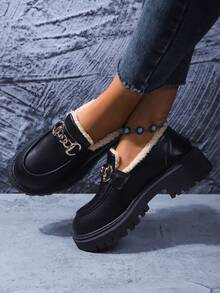 Botas de tobillo con suela gruesa y decoración de cadena, estilo colegial para mujer. Forro cálido, unicolor, adecuado para el hogar, la oficina, fiestas, bodas, otoño/invierno, botas de piel - Negro - Ver 4